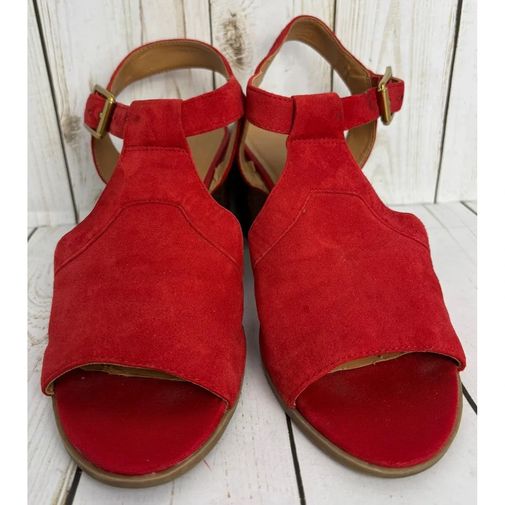 Franco Sarto Heron Red Suede T-Strap Block Heel Sandals L-HERON Womens 7.5M